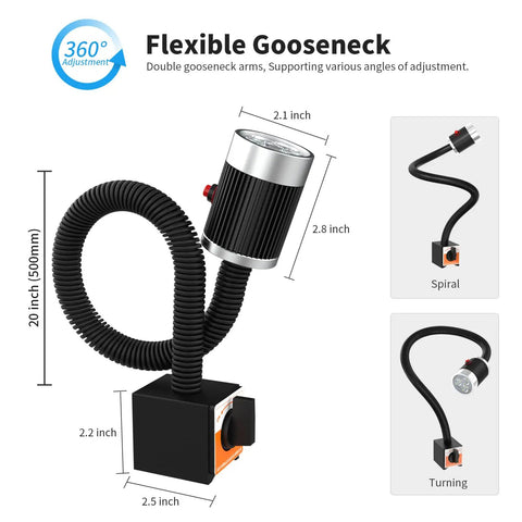 Diagram of Beast Mode Bright Magnetic Work Light With 9W LED Gooseneck showing flexible neck and dimensions for industrial use