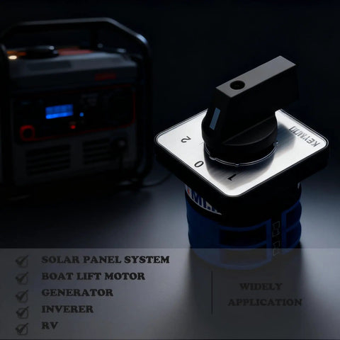 40A Rotary Changeover Switch for Industrial Power Control with 660V Rating, 3 Position ON OFF ON, 2 Poles, in a dark setting