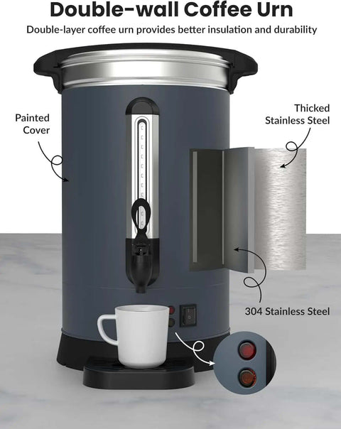Sturdy 80-Cup Commercial Coffee Urn with 12-Liter or 3.2-Gallon Capacity, Stainless Steel Electric Maker featuring double-wall insulation.