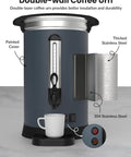 Party-Ready 100 Cup Commercial Coffee Urn, 14L/3.8Gal Stainless Steel Electric Coffee Maker With Double Wall Insulation, front view