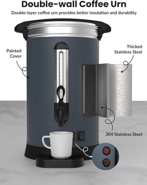 80 Cup Commercial Coffee Urn For Events And Catering Gigs, 12 Liter Capacity, Stainless Steel Double Wall Insulation