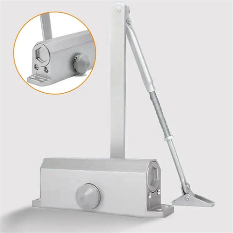 Buffer Door Closer With Hydraulic Buffer, 40 To 60 Kg, Adjustable Speed, Quiet Close, shown in silver finish.