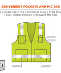 Diagram of GloWear 8262FRZ Flame Resistant Hi Vis Safety Vest showing pocket dimensions and mic tab details, lime green with reflective strips.