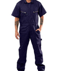 Men Short Sleeve Coveralls Navy Blue Jumpsuit With Two Way Antistatic Zipper And Locking Snap Closures worn by model, showcasing utility pockets.