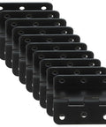 Ten black iron cabinet hinges with mounting holes for box doors; rust-resistant, high-load hardware.