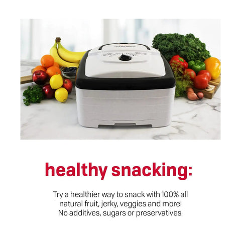 Square Electric Food Dehydrator With Four Stackable Trays And Even Heat Drying For Beef Jerky Fruit Veggies And Homemade Snacks Total Kitchen Gamechanger Fo Sho Smooth Operator on kitchen counter with fresh produce.