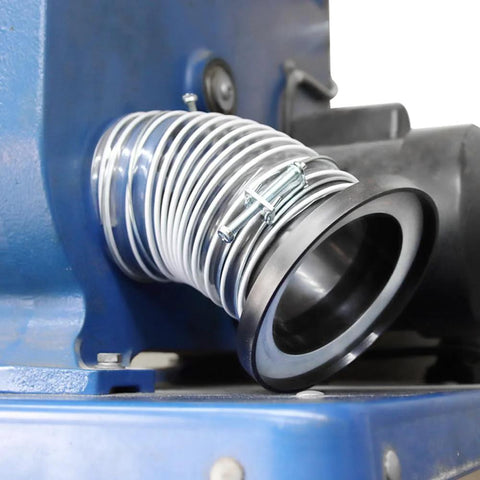 4-inch magnetic dust-collector hose fitting attached to a blue dust collector, metal spiral hose with clamps