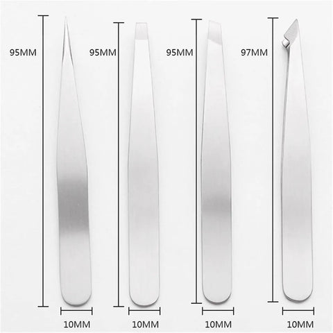 Four Pack Stainless Steel Tweezers Set With Flat Slanted Pointed And Hooked Tips For Eyebrow Shaping Ingrown Hair Removal Splinters And Facial Grooming Pro Grade Durable Precision Tools For Everyday Grooming, 95-97mm x 10mm