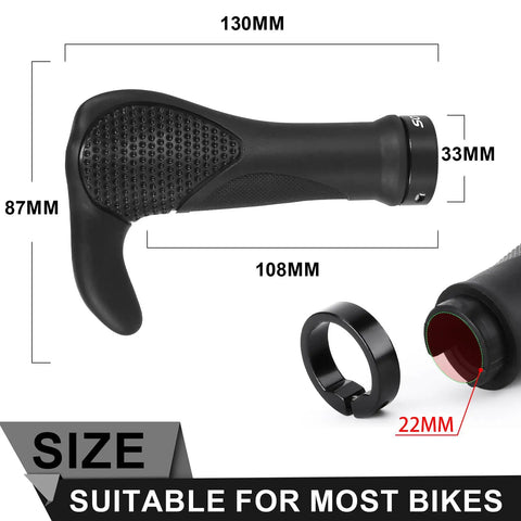 Dimension view of Lock On Mountain Bike Grips With Bar Ends, Ergonomic Grippy Rubber Handles, Anti Slip Comfort, Aluminum Locking Ring