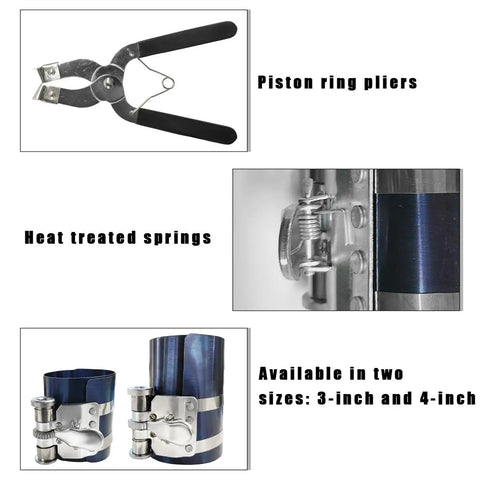 3 Inch Piston Ring Compressor Tool With Ratcheting Lock And Anti Reverse Gear Piston Ring Installer Kit pliers and spring