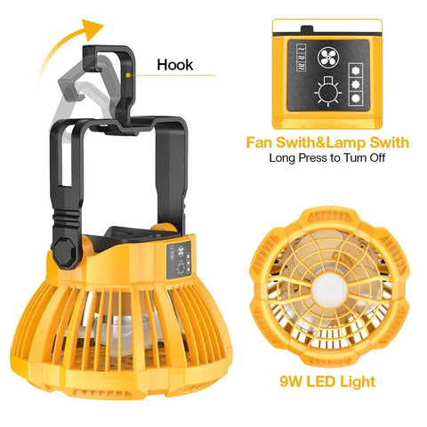 Portable High Velocity Industrial Fan With LED Light And USB Powered Handheld Fan for camping with hook and controls shown.