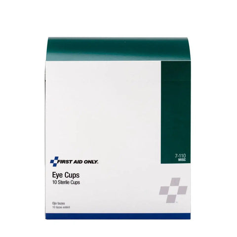 Front view of First Aid Only box containing 10 Sterile Eye Cups For Eye Irrigation, Clear Plastic, Grab And Go First Aid Refill.