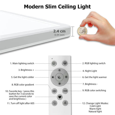 Details of Remote Controlled 12 Inch LED Ceiling Light, Dimmable 24W Flush Mount Fixture With 3200 Lumens and remote control functions.