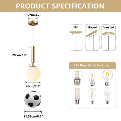 Modern Globe Pendant Light For Kitchen Island White Milk Glass With Brass Finish, size specifications and bulb options.