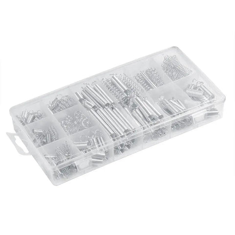 Huge 200pc Assorted Metal Extension Compression Springs Kit With Tough Storage Box Perfect For DIY Repairs, Home Fixes, Machine Tuning, Crafts And Gadgets That Need A Good Spring Fix On The Go. Transparent plastic organizer with assorted metal springs in compartments