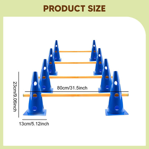 Bright Color Dope Dog Agility Hurdle Cone Set With Adjustable Poles shown with dimensions for backyard training