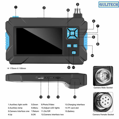 Top Notch Handheld Endoscope Offering Hella Sharp 1080P HD Viewing On A Solid 4.3 Inch Display And Badass Semirigid Snake Inspection Borescope With Five Meter Cable IP67 Waterproof Android IOS Ready Setup, showing buttons and interface.