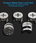 10 Piece Furniture Cam Lock Kit With 15 By 12 Mm Cam Nuts For Cabinet Woodworking Projects Easy Peasy Assembly Rock Solid Silver Hardware That Gonna Hold Fast For Years showing silver carbon steel cam lock nuts.