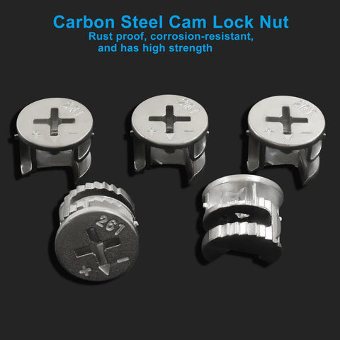 10 Piece Furniture Cam Lock Kit With 15 By 12 Mm Cam Nuts For Cabinet Woodworking Projects Easy Peasy Assembly Rock Solid Silver Hardware That Gonna Hold Fast For Years showing silver carbon steel cam lock nuts.