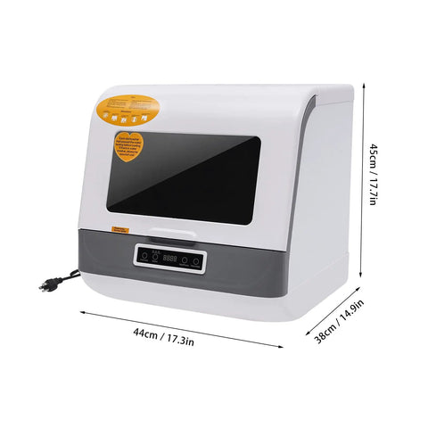 Game Changing Countertop Dishwasher With Four Rapid Cycle Settings Sleek Glass Interface Effortlessly Wipes Clean Removable Strainer And Yields Flawless Loads Daily side view with touchscreen and specifications.
