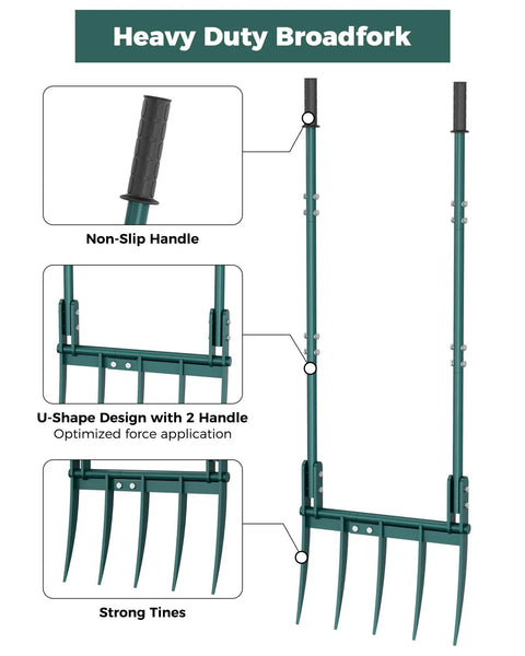 Diagram of Beefy Heavy Duty Broadfork Garden Tool With Five Tines 54 Inch Long Manual Soil Tiller, showing handles and tines.