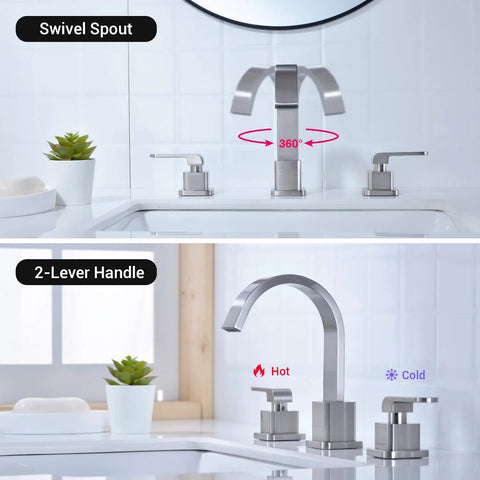 Widespread 8 Inch Bathroom Faucet With Brushed Nickel Finish 3 Hole Square Sink Faucet Overflow Pop Up Drain shown with swivel spout