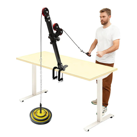 Table Mount Arm Wrestling Wrist Trainer With Adjustable Pulley System For Arm Strength And Grip Training on table in use