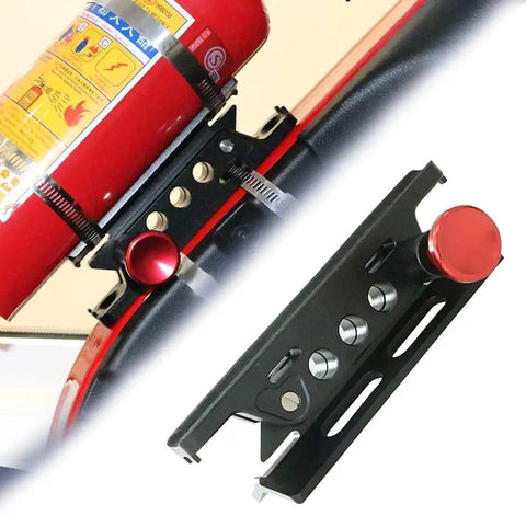 Adjustable Roll Bar Fire Extinguisher Mount Holder for Jeep Wrangler TJ JK JL JKU and UTV Polaris RZR Ranger Camper Van Aluminum Quick Release Supports 1 To 10 Lb Extinguishers Premium 6061T6 Anodized with quick release knob and billet aluminum design, mounted on roll bar