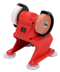 Badafaci Portable Mini Bench Grinder With Coarse Fine Corundum Wheels For 18V Battery Powered Metal Wood Jewelry Polishing Sharpening Electric Tool. Compact design with suction feet.