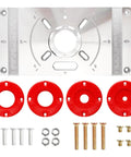 Rock Solid Workhorse Aluminum Router Table Insert Flip Plate with four red center rings and mounting kit, 233x120mm.