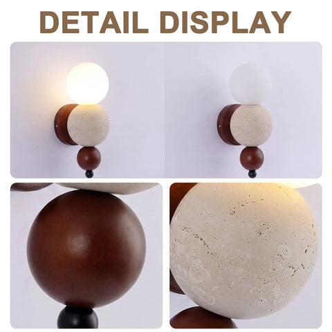 Modern Travertine Wall Sconce with Glass Globe, Wood Accent Wall Light Fixture, Hardwired G9 Base Wall Lamp for Bedroom, Living Room and Hallway close-up of stone and wood details.