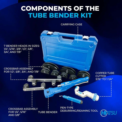 Top Shelf Tube Bender Kit For HVAC And Refrigeration Featuring Dead Nuts Accurate Ratcheting Copper And Aluminum Bending Heads With Seven Die Sizes Pipe Cutter And Reamer In A Heavy Duty Case