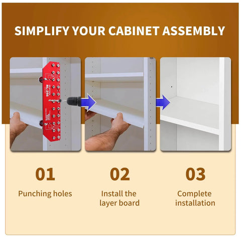Shelf Pin Jig For Quick And Precise Shelf Installation, Drills 11 Holes In One Pass With All Metal Construction in use sequence