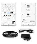 Back panels and cables of the Ultra Nearfield Studio Monitors with Bluetooth and USB C for Music Production, white.