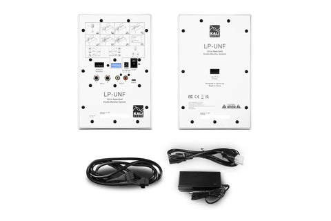 Back panels and cables of the Ultra Nearfield Studio Monitors with Bluetooth and USB C for Music Production, white.