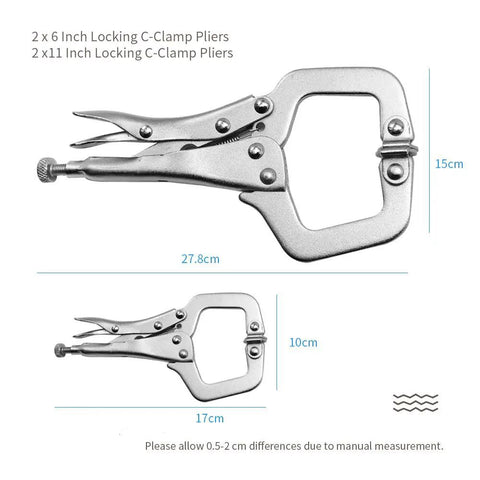 4 Pack Heavy Duty C Clamp Locking Clamps With 6 Inch And 11 Inch Tips, Swivel Pads, Quick Trigger Release, Chrome Vanadium Alloy Build, Built To Last For Your Home Workshop And Craft Projects That Grip Odd Shapes Tight. 6in and 11in locking C-clamp pliers