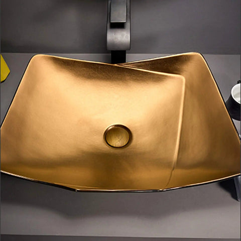 Top Shelf Porcelain Vessel Sink For Modern Bathroom Vanity Above Counter Ceramic Lavatory Bowl With Stain Resistant Finish And No Sweat Daily Grind Cleaning Flow, gold basin design.