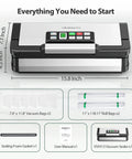 95kPa Vacuum Sealer With AquaLock Technology, Dual-Pump Automatic Food Sealer, stainless steel gadget with included accessories