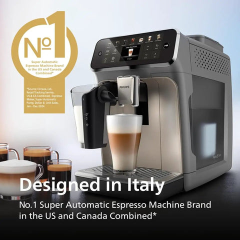 Front view of 4400 Series Fully Automatic Espresso Machine With LatteGo Milk System And Integrated Grinder, black chrome.