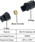 Exploded view of YSIL 6AN female flare to 3/8 in tube aluminum fuel line fitting adapter, black, 2 pcs.