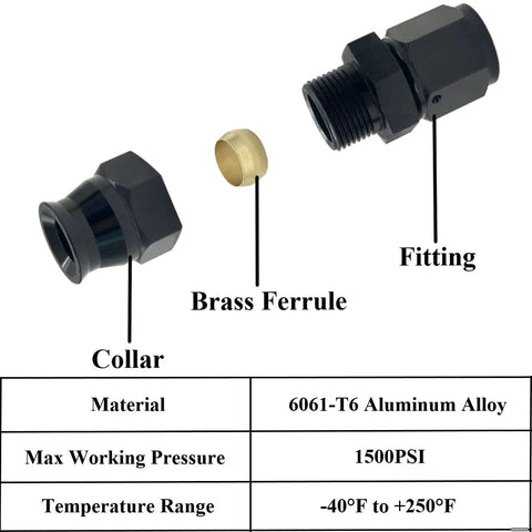 Exploded view of YSIL 6AN female flare to 3/8 in tube aluminum fuel line fitting adapter, black, 2 pcs.