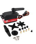 Top Tier Digital Servo Motor With Hella Solid Metal Gears Delivering Serious 12kg Torque For Buttery Smooth 270 Degree Steering On RC Cars And Epic Robotics Projects, showing motor, gears, and accessories.