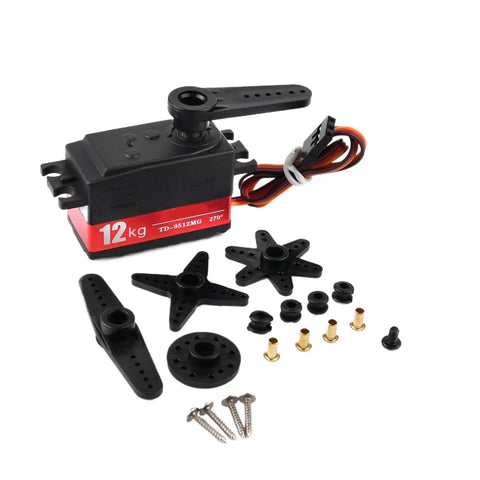 Top Tier Digital Servo Motor With Hella Solid Metal Gears Delivering Serious 12kg Torque For Buttery Smooth 270 Degree Steering On RC Cars And Epic Robotics Projects, showing motor, gears, and accessories.
