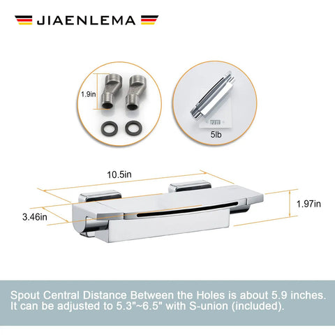 Black Wall Mount Waterfall Tub Faucet With High-Flow Tub Filler, showing dimensions and included parts in product detail image