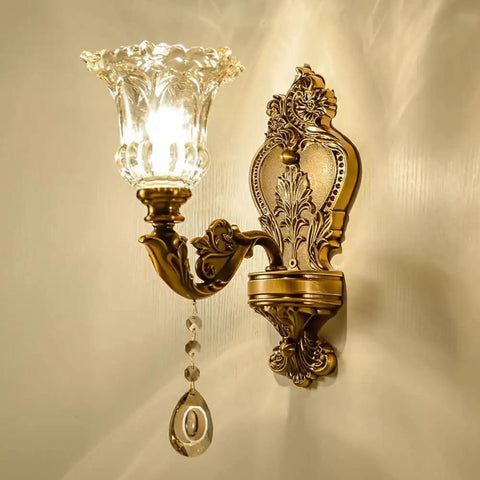 Matte Brass Vintage Wall Mount Lamp With Beveled Crystal Shade, Antique Floral Sconce Light, Classic Curved Arm Design