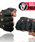 Two Men's Black Perforated Leather Motorcycle Gloves With Gel Padded Palm, Fingerless Open Knuckle, XL size, SH195