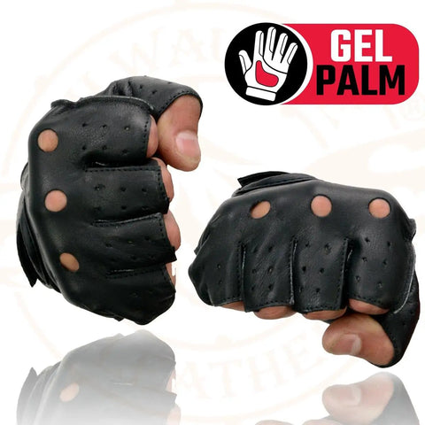 Two Men's Black Perforated Leather Motorcycle Gloves With Gel Padded Palm, Fingerless Open Knuckle, XL size, SH195