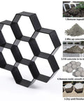 Hexagon Concrete Path Mold For DIY Walkways Reusable 11.4 By 11 By 1.7 Inch ABS Paver Mold shown with step-by-step use instructions