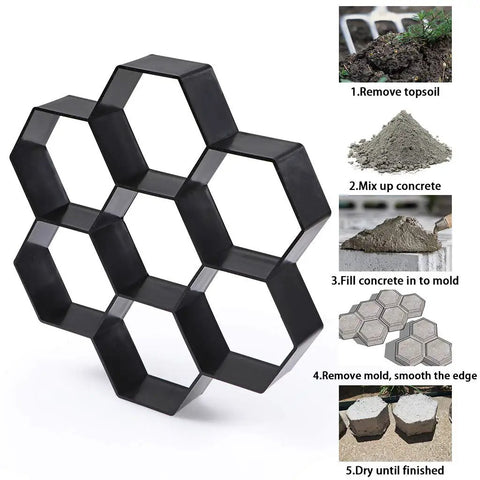Hexagon Concrete Path Mold For DIY Walkways Reusable 11.4 By 11 By 1.7 Inch ABS Paver Mold shown with step-by-step use instructions
