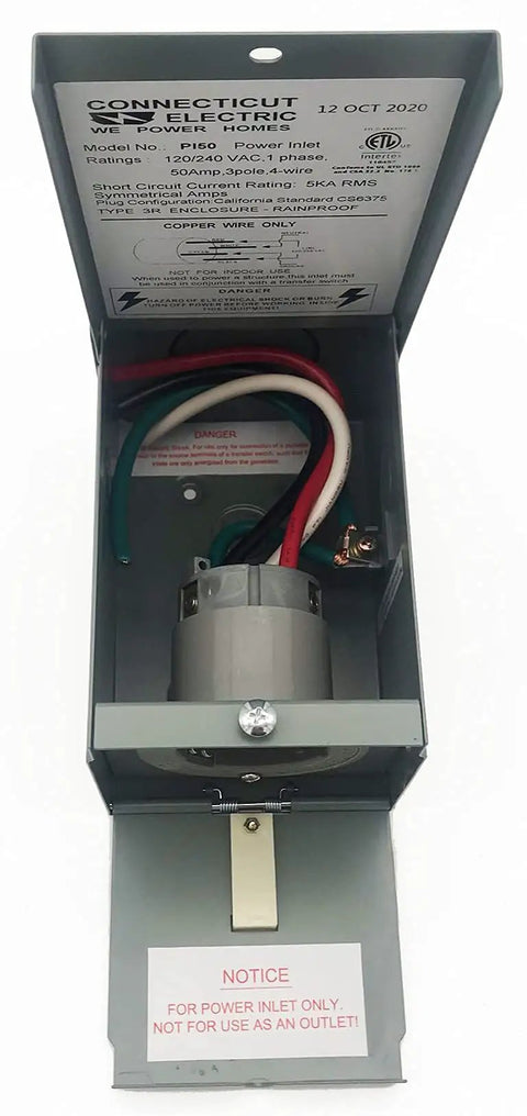 Heavy Duty 50 Amp Generator Power Inlet Box Ready To Roll Nema Type 3r Rainproof Outdoor Electrical Outlet interior view with wires.